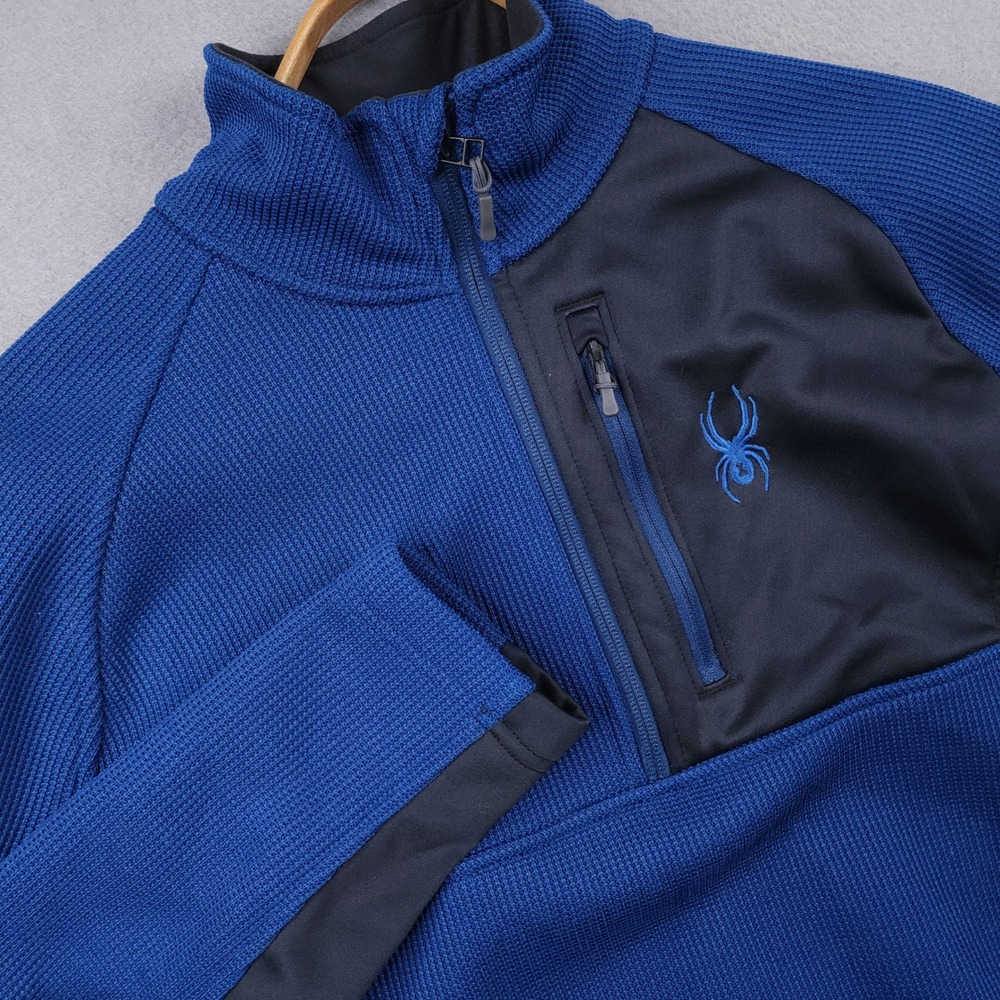 Spyder Mens Blue Black Quarter Zip Waffle Knit Fleece Pullover Jacket 229517 M